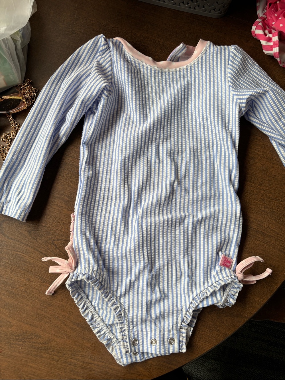 Ruffle Butts Light Blue & White Striped Long-Sleeve One-Piece with Pink Trim